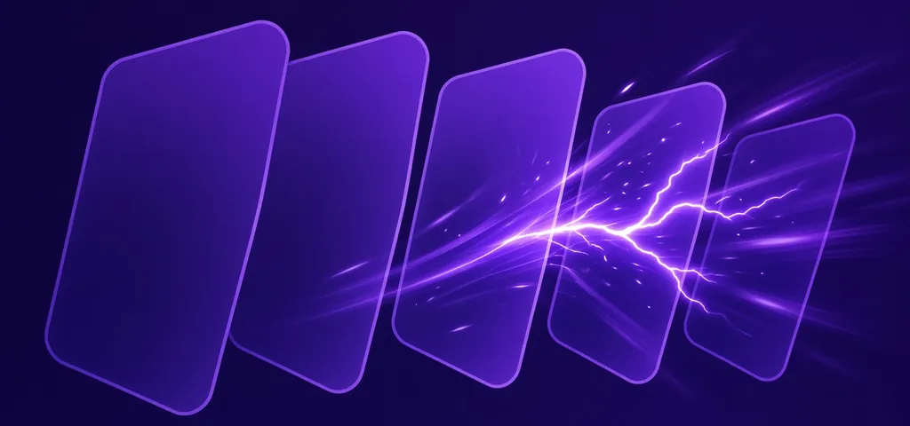 Row of tilted phone-shaped cards with a violet spark